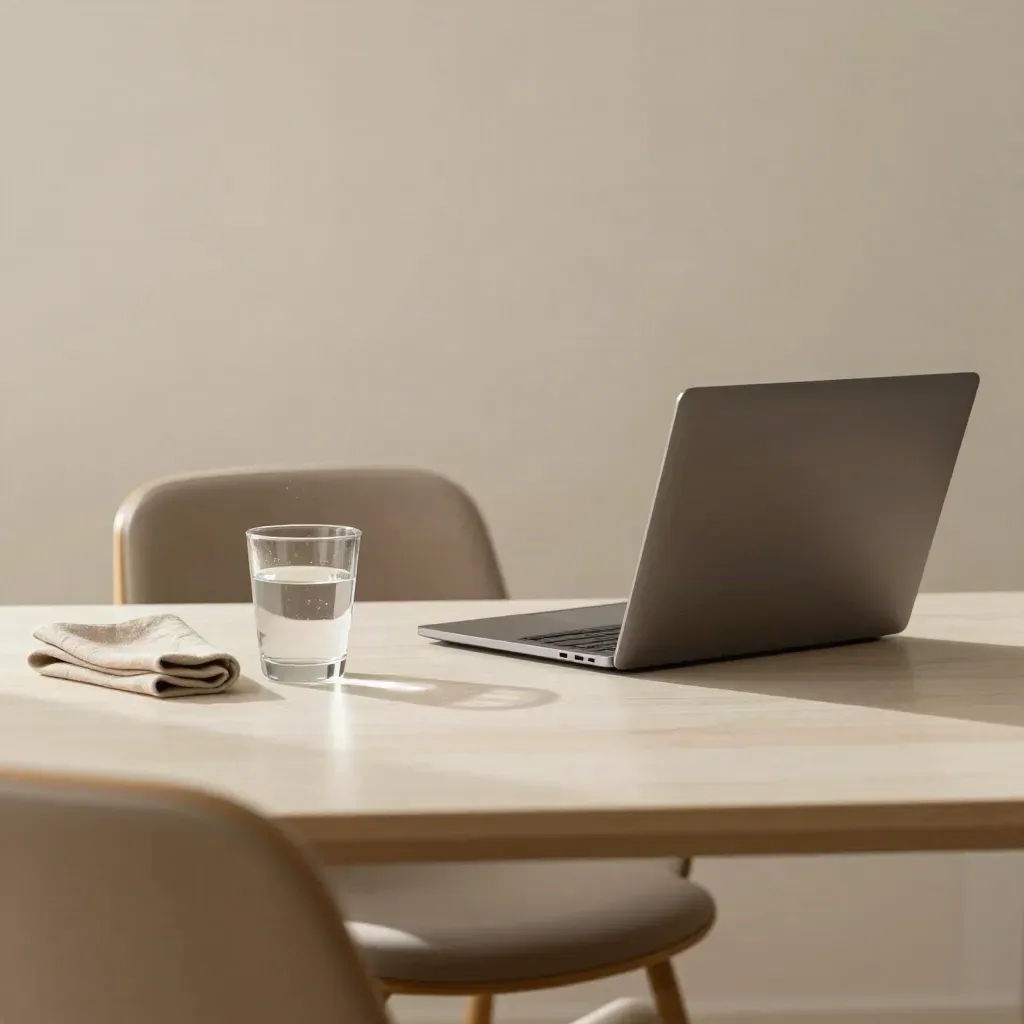 Scrivania ufficio tranquilla con laptop chiuso, bicchiere d’acqua e sedia spostata.