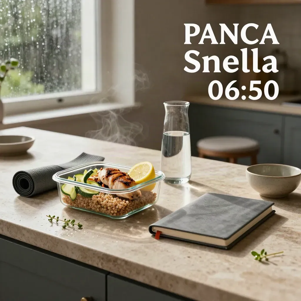 Lunchbox con pollo, farro e zucchine su isola di pietra, con fascia elastica e luce di pioggia.