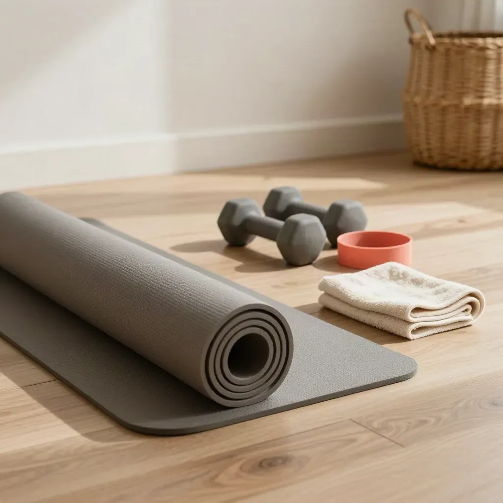 Tappetino yoga che si srotola con manubri, elastico e asciugamano in un angolo fitness domestico.