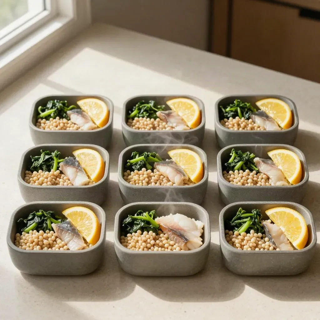 Sette contenitori meal prep con cereali, verdure e pesce su pietra chiara, con agrumi e vapore.