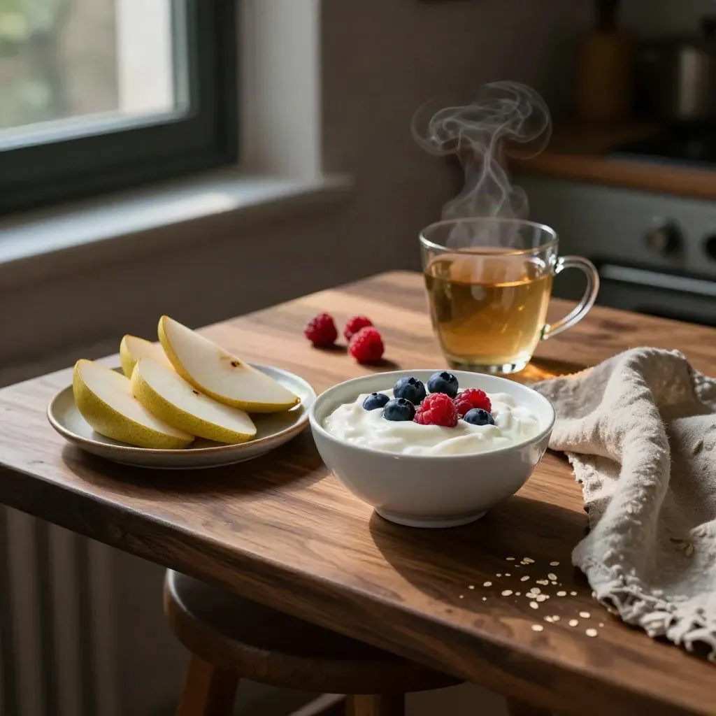 Tavolo serale in cucina con yogurt, frutti di bosco, tè alle erbe e pere.
