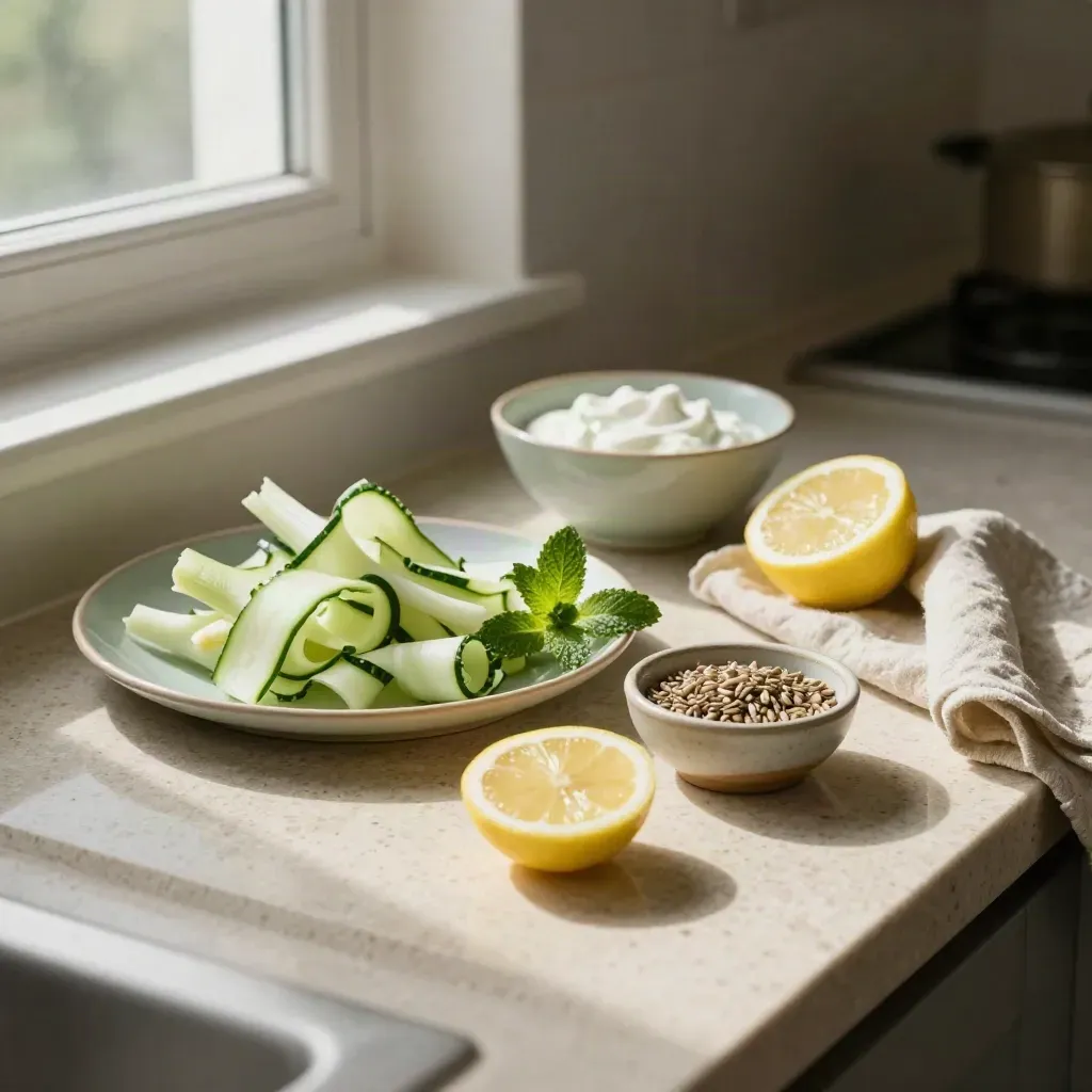 Spuntino leggero con finocchio, cetriolo, yogurt, limone, menta e semi su pietra.