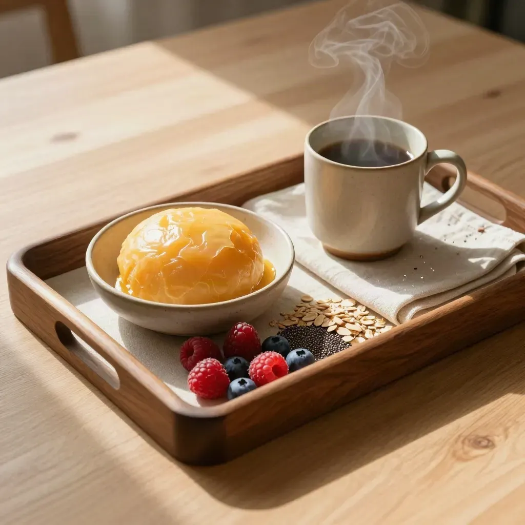 Colazione con skyr, frutti di bosco, avena, chia, mandorle e tazza fumante su lino.