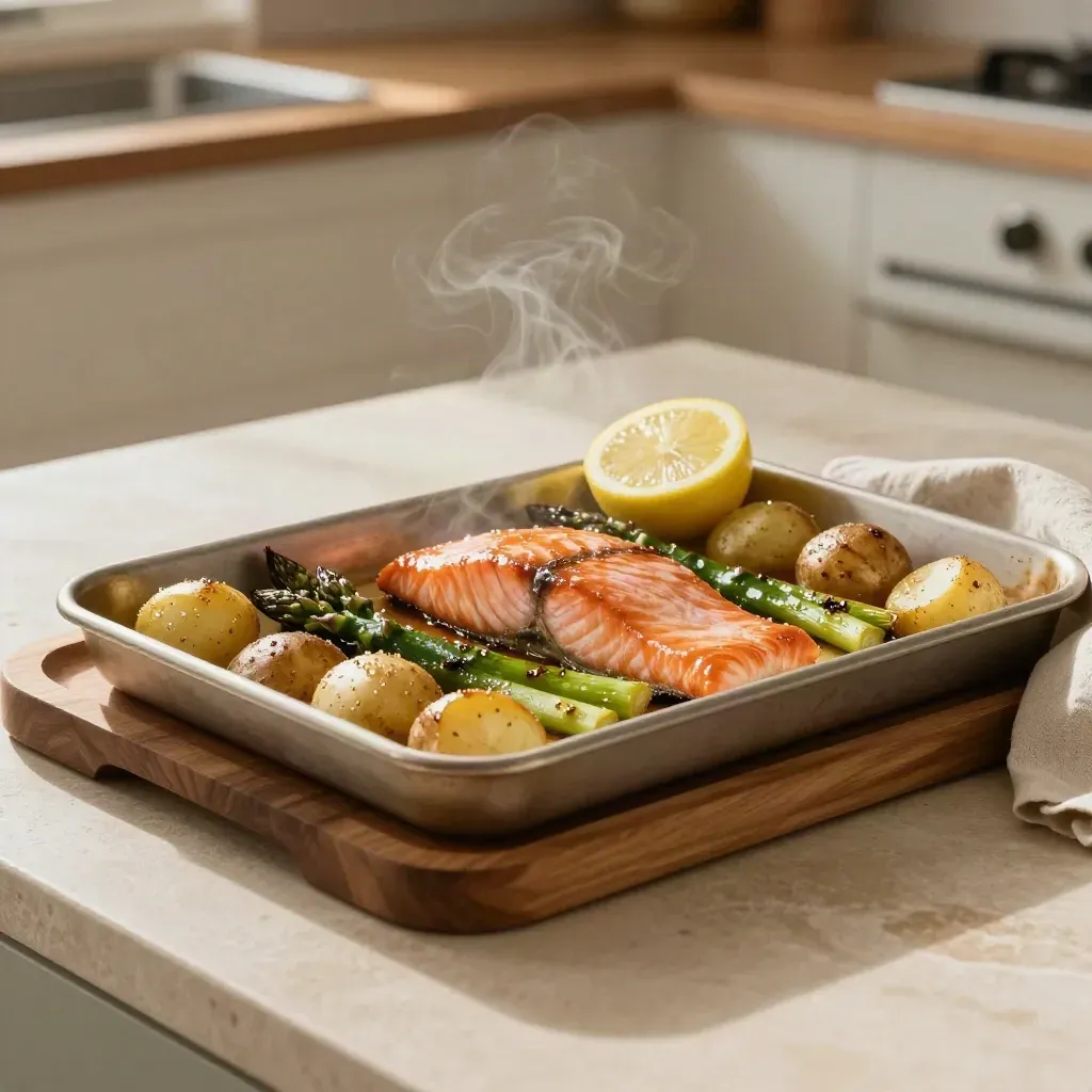 Cena al forno con salmone, asparagi, patate e limone su base in legno, con vapore leggero.