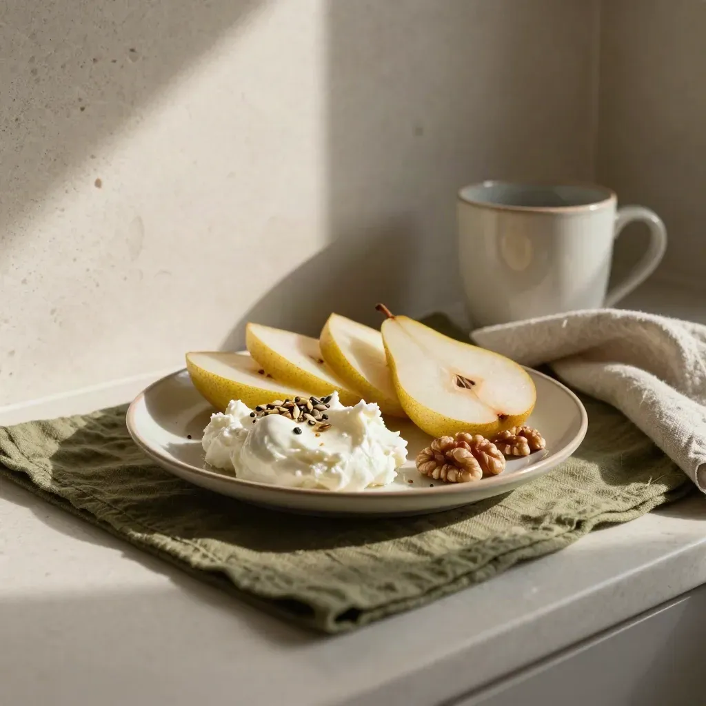 Piattino di ricotta, pere, noci e semi su lino oliva, luce del mattino in cucina.
