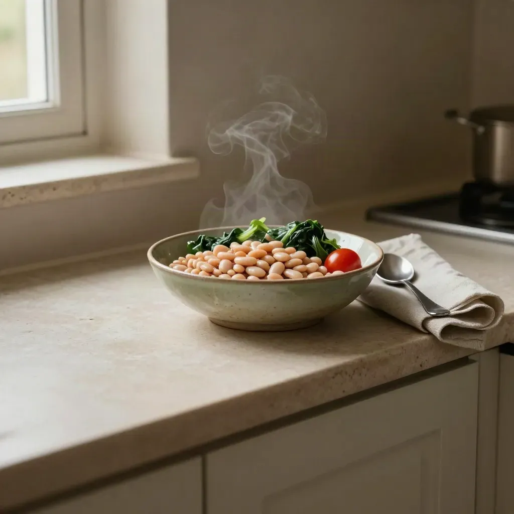 Ciotola di fagioli, verdure e pomodori su una mensola in gesso, luce serale soffusa.