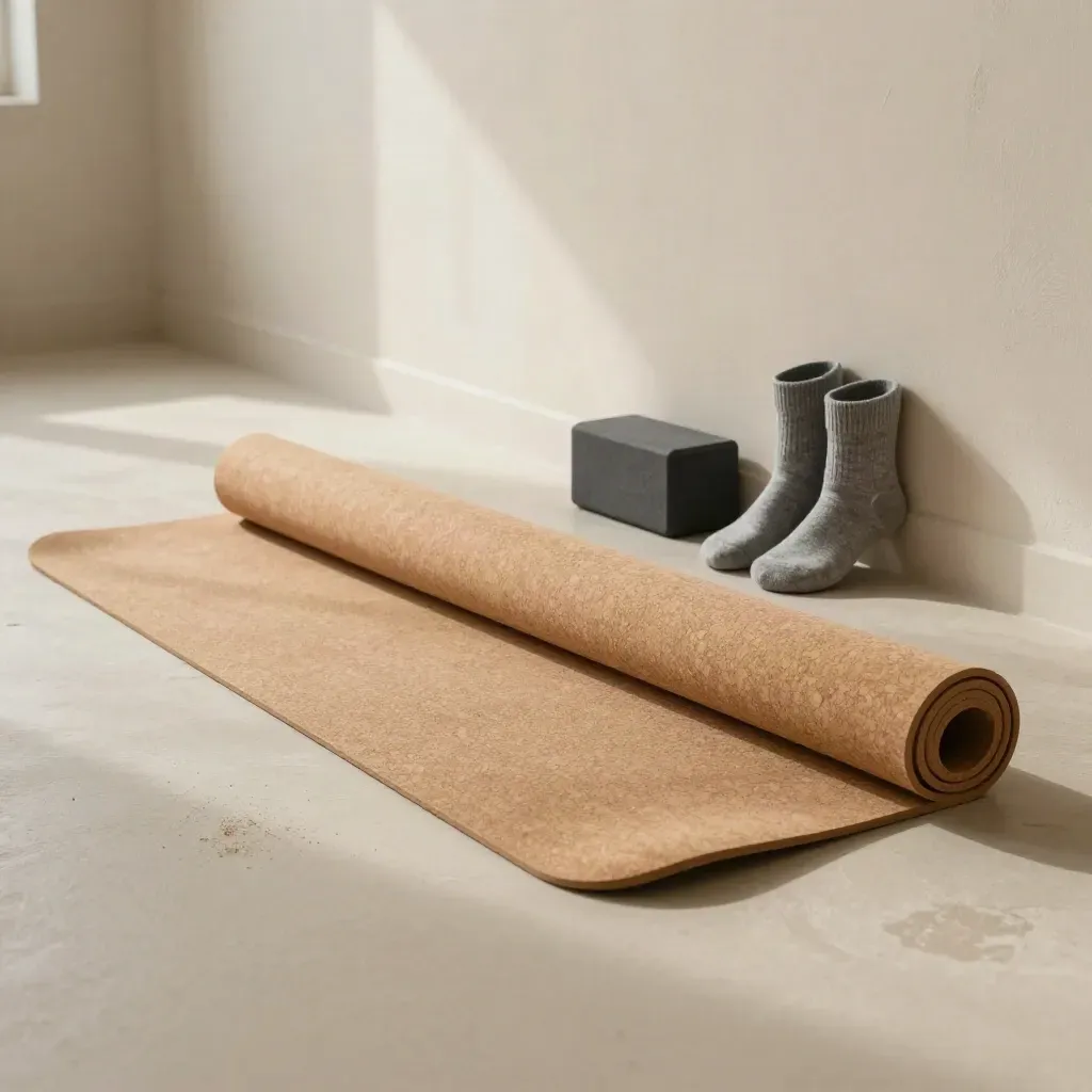 Tappetino yoga srotolato, blocco e calze grigie accanto a una parete intonacata.