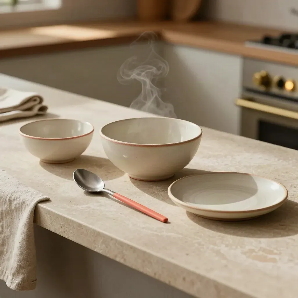 Ciotole di ceramica, cucchiaio e piatto su pietra, luce calda e vapore leggero.