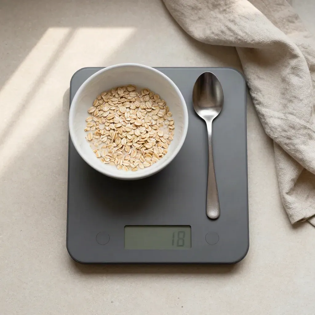 Bilancia da cucina, ciotola di avena, cucchiaio e lino piegato su pietra chiara.