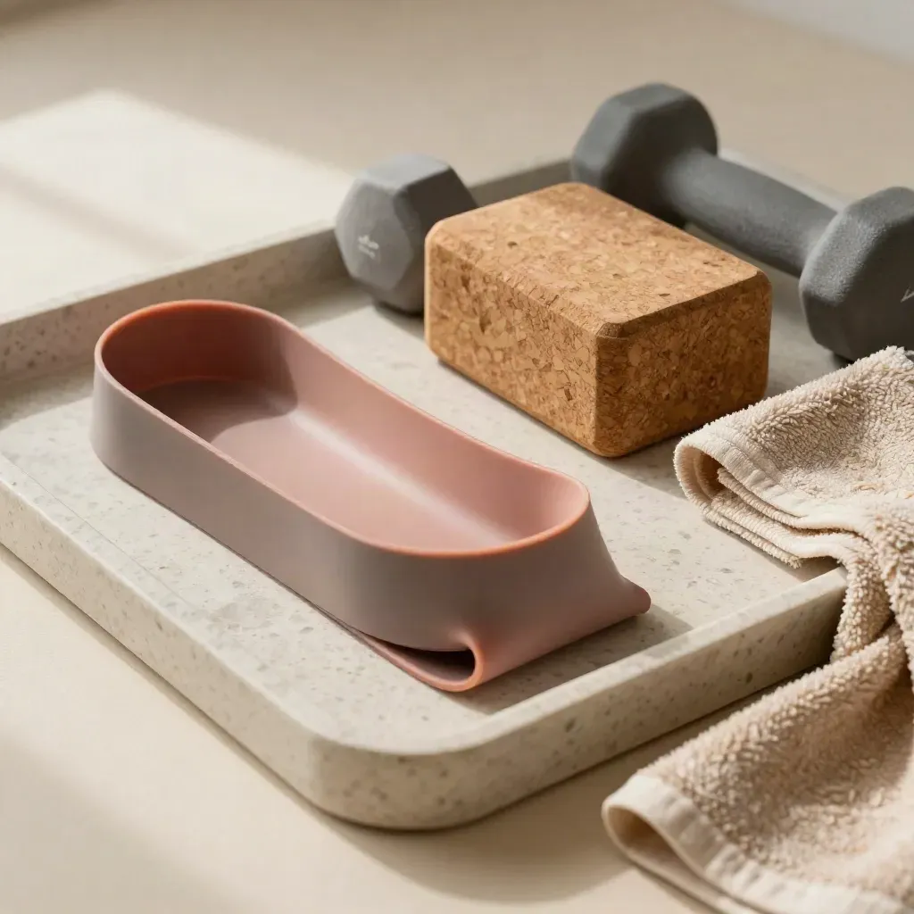 Elastico fitness, manubrio e blocco in sughero su vassoio in pietra con asciugamano piegato.